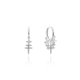 Fine jewellery, silver jewellery, hypoallergenic, tarnish-free,Close-up front and left view of a Pair of silver star with crystal earrings on a white background